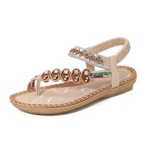 Bohemian beige flat sandals with rhinestone hearts and elastic heel strap for women
