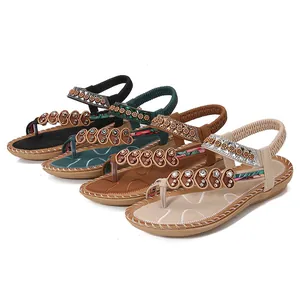 Bohemian flip flop sandals with beaded flowers and metallic heart studs in four colors