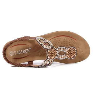 Böhmische braune flache Sandalen mit Strass-Kreis-Mustern und elastischem Fersenriemen