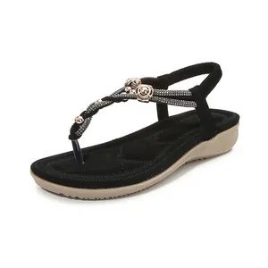 Sandalias planas negras para mujer con diamantes de imitación y estilo bohemio