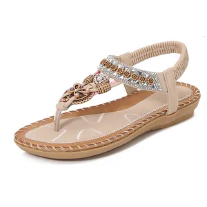 Bohemian flat thong sandals for women with rhinestones, beads and wood floral accents