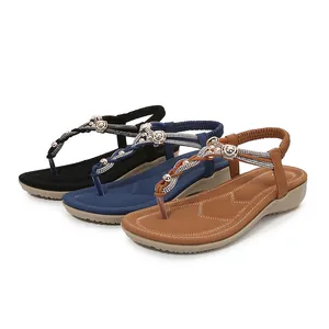 Sandalias de cuña bohemias para mujer con pedrería y tira elástica en el talón en tres colores