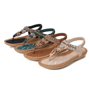 Bohemian flat thong sandals for women with rhinestones and elastic heel strap in four colors
