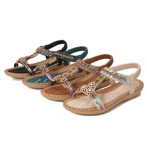 Boheemse platte sandalen met strassteentjes en kralenbloemenbandjes in vier kleuren
