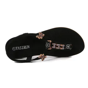 Sandalias planas negras para mujer con diamantes de imitación, mariposa y tira elástica