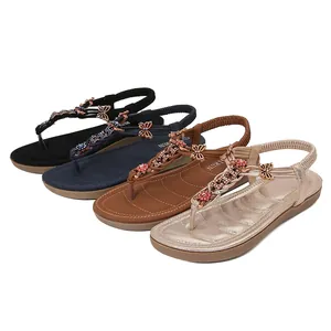 Sandalias bohemias para mujer con pedrería, mariposas de metal y tiras con cuentas