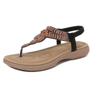 Women Bohemian Rhinestone Flip Flop Sandals Lightweight PU Leather Elastic Back Strap Flat Beach Sandals Casual Summer Ethnic Shoes