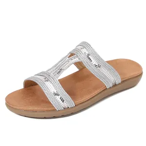 Sandales bohèmes pour femmes en argent à paillettes avec bride en T et semelle souple