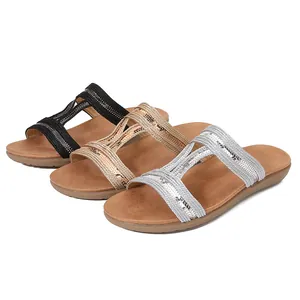 Sandales plates style bohème pour femmes en noir or rose et argent avec brides pailletées
