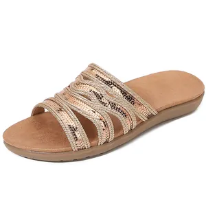 Bohemian Women Flat Sandals Rhinestone Sequins Hollow Out Comfortable PU Leather Summer Casual Slip On Slide Sandals