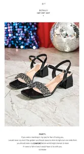 Detail of square-toe black sandals with rhinestones and chunky heels on marble