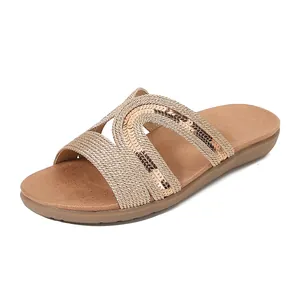 Women Bohemian Hollow Out Flat Slides Sparkly Rhinestone Braided Sandals Summer Casual Lightweight Comfortable PU Beach Shoes