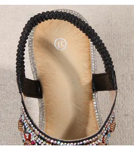 Macro detail of bohemian rhinestone sandals featuring elastic heel strap and size 37 bed