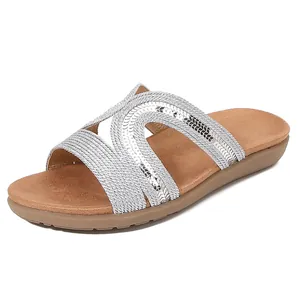 Women's silver hollow glitter slide sandals with comfortable brown cushioned sole
