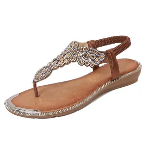 Women's Bohemian Rhinestone Flat Sandals Elastic Back Strap T-Strap Flip Flops Casual Summer Beach Party Shoes
