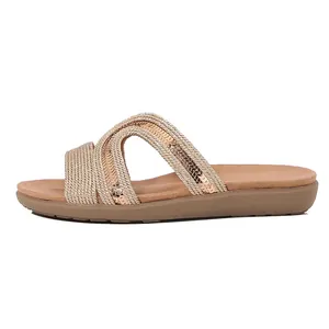 Women's rose gold bohemian flat sandals with sequined hollowed-out straps and padded sole