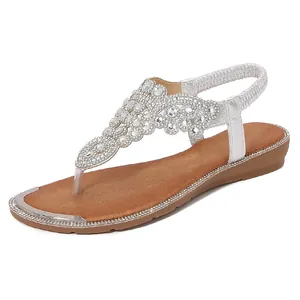 Women's silver bohemian flat sandals with sparkling rhinestones and elastic heel strap