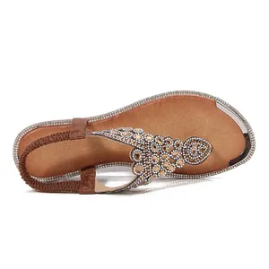 Bohemian brown flat sandals with sparkling rhinestones and elastic heel strap