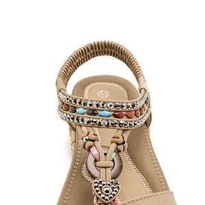 Sandales plates bohèmes avec strass et perles colorées en kaki pour femmes