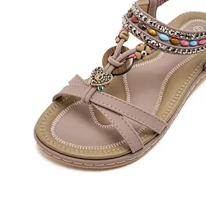 Sandales plates bohémiennes pour femmes ornées de strass en couleur vieux rose