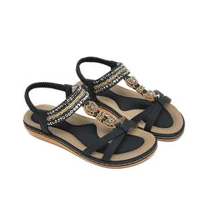 Women's flat sandals with bohemian straps, heart-shaped rhinestones and elastic heel band