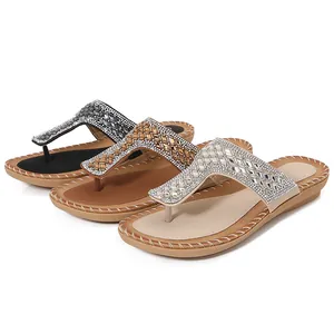 Bohemian platte teenslippers voor dames met fonkelende strassteentjes in drie kleuren
