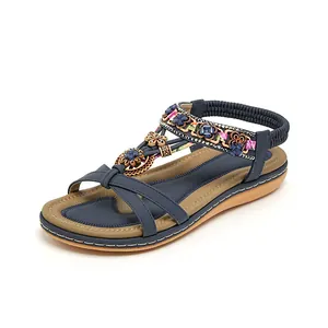 Damen Sandalen im Boho-Stil mit blauen Perlen und Blumenstickerei für den Sommerstrand