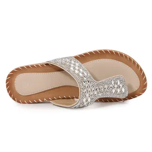 Boheemse platte teenslippers met strass en comfortabele bruine gevlochten zolen