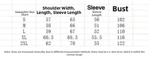 Detailed size chart for hooded sweatshirts showing S-2XL measurements in CM