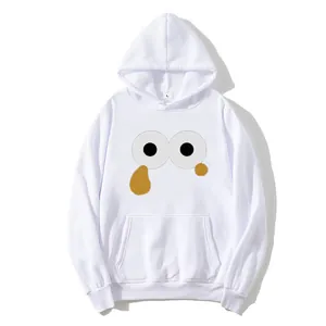 Front view of white oversized drawstring hoodie with cartoon eyes print and front pocket