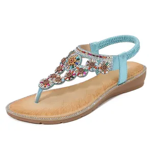 Bohemian T-strap wedge sandals with colorful rhinestones and light blue elastic straps