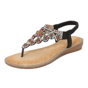 Bohemian rhinestones flip flop sandals with colorful beads and comfortable wedge sole