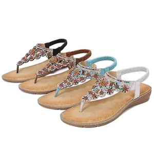 Bohemian rhinestones thong sandals in four colors with floral embroidery and flat sole