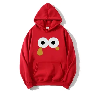 Bright red oversized hoodie for women featuring cartoon big eyes print and kangaroo pocket
