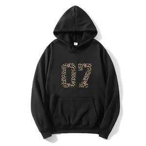 Oversized black hoodie featuring a leopard print number 07 and convenient kangaroo pocket