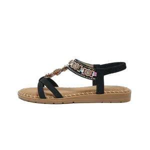 Ethnic flat sandals for women featuring colorful beads, rhinestones and black elastic straps