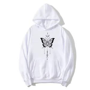 Women's Casual Hooded Sweatshirt Butterfly Moon Print Pullover Loose Long Sleeve Top With Kangaroo Pocket Polyester Hoodie