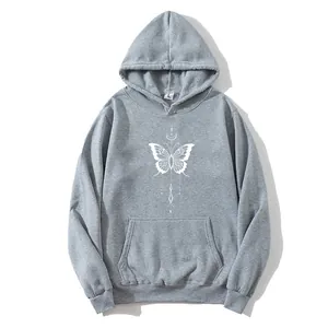 Light gray loose hoodie for women featuring butterfly print and kangaroo pocket detail