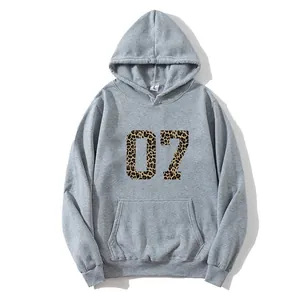 Loose fit light gray hoodie with leopard print 07 graphic and kangaroo pocket
