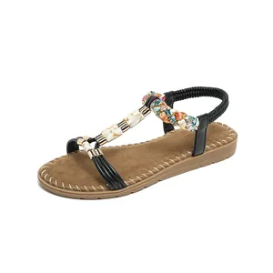 Bohemian Damen Flache Sandalen Perlen T-Riemchen Sommer Strand Schuhe Elastischer Fersenriemen Ethnisch Komfortabel Lässig