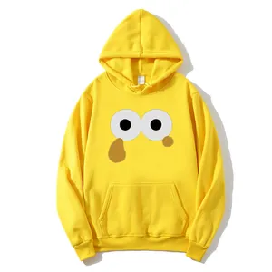 Bright yellow oversized hooded sweatshirt with cartoon eye print and front kangaroo pocket