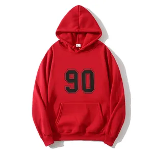Women's red oversized fleece hoodie with 90 graphic print and kangaroo pocket