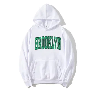 White minimalist hoodie with green Brooklyn print and kangaroo pocket for women