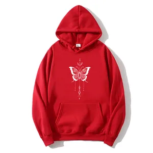 Bright red drawstring hoodie for women featuring a white artistic butterfly mandala print