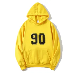 Classic yellow hoodie with number 90 print, kangaroo pocket and drawstring hood design