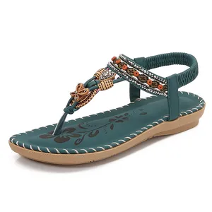 Dames Bohemien Platte Sandalen PU-leer Strass T-Strap Flip Flops Vlinder Hart Hanger Kralen Vakantie Strand Schoenen
