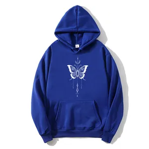 Close-up of royal blue hoodie featuring a white butterfly print and kangaroo pocket detail