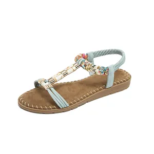 Damen Bohemian Flache Sandalen mit Strasssteinen und blauen elastischen Fersenriemen