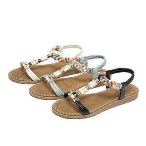 Damen Sandalen mit Strass flach bunte Flechtriemen und Marmordekor in drei verschiedenen Farben