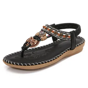 Bohemian zwarte platte sandalen met gekleurde kralen en strass vlinder details